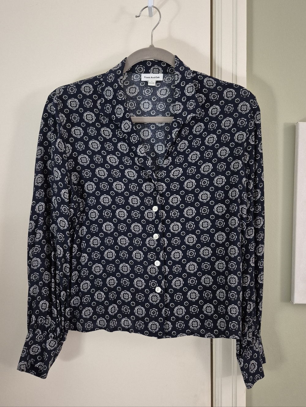 EUC Frank And Oak Navy Patterned Viscose Blouse, S